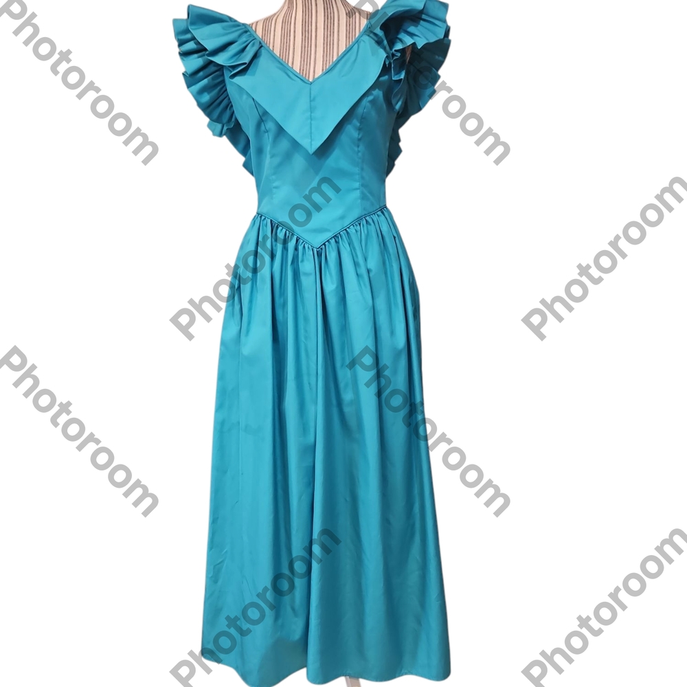 Special Order Woman Blue Taffeta Shiny Ruffle Sleeveless RouchedWaist Gown SizeS